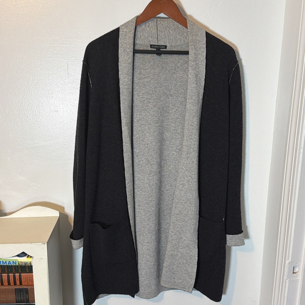 Eileen Fisher Black Gray Wool Cotton Long Open Cardigan Sz M w Patch Pockets